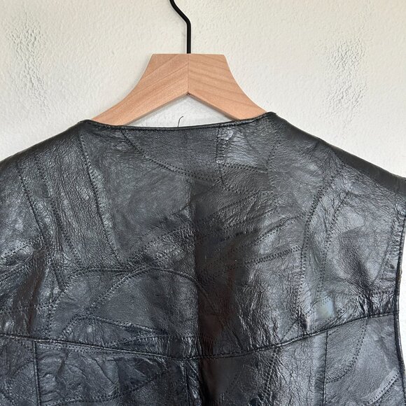 Vtg Leather Works Vest XL Black Patchwork Leather Snap Front Biker Moto USA - Picture 6 of 12